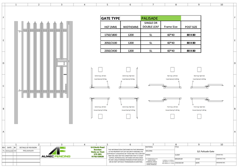 Single Leaf Security Palisade Gates (Galvanised / PPC)